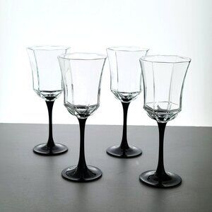 Vintage Black Octime Wine Glass Set of 4, Luminarc France, Octagonal Shape